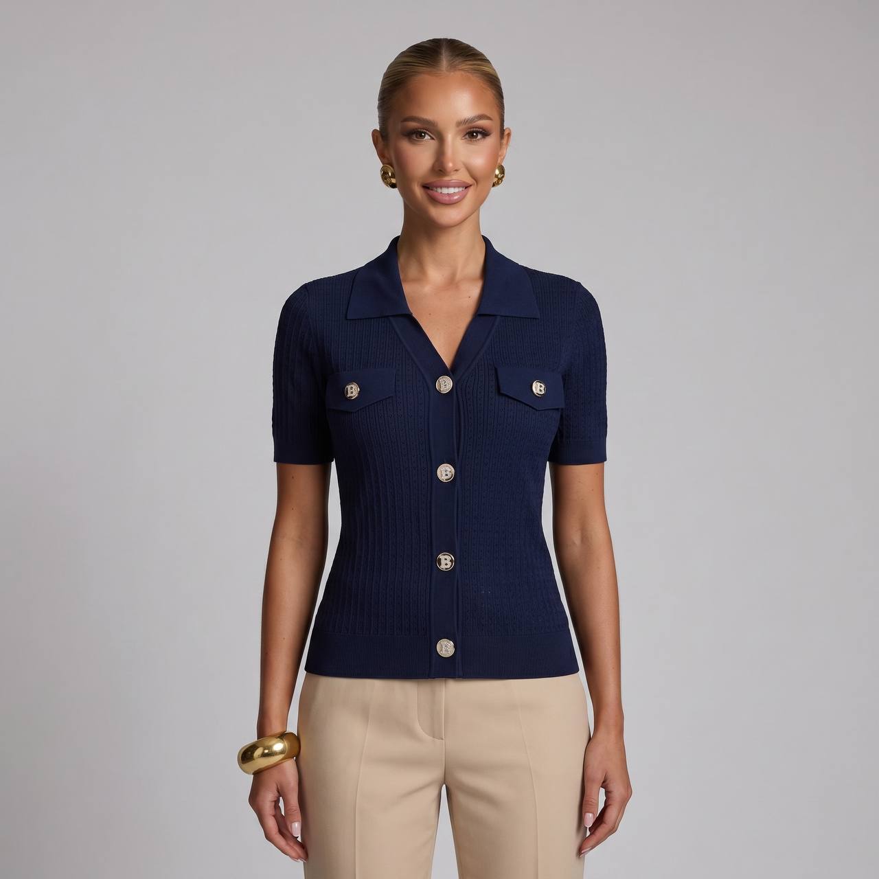 Balmain Navy Ribbed Knit Polo Shirt with Silver Buttons 💙✨