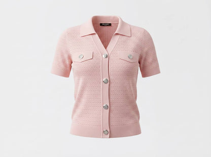 Pink Ribbed Knit Cardigan Shirt with Silver Buttons 🌸✨
