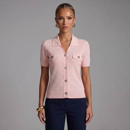 Pink Ribbed Knit Cardigan Shirt with Silver Buttons 🌸✨