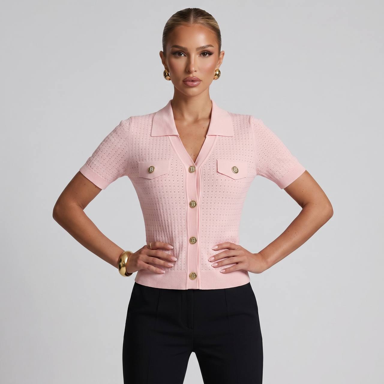 Pink Ribbed Knit Cardigan Shirt with Silver Buttons 🌸✨