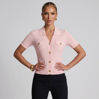 Pink Ribbed Knit Cardigan Shirt with Silver Buttons 🌸✨