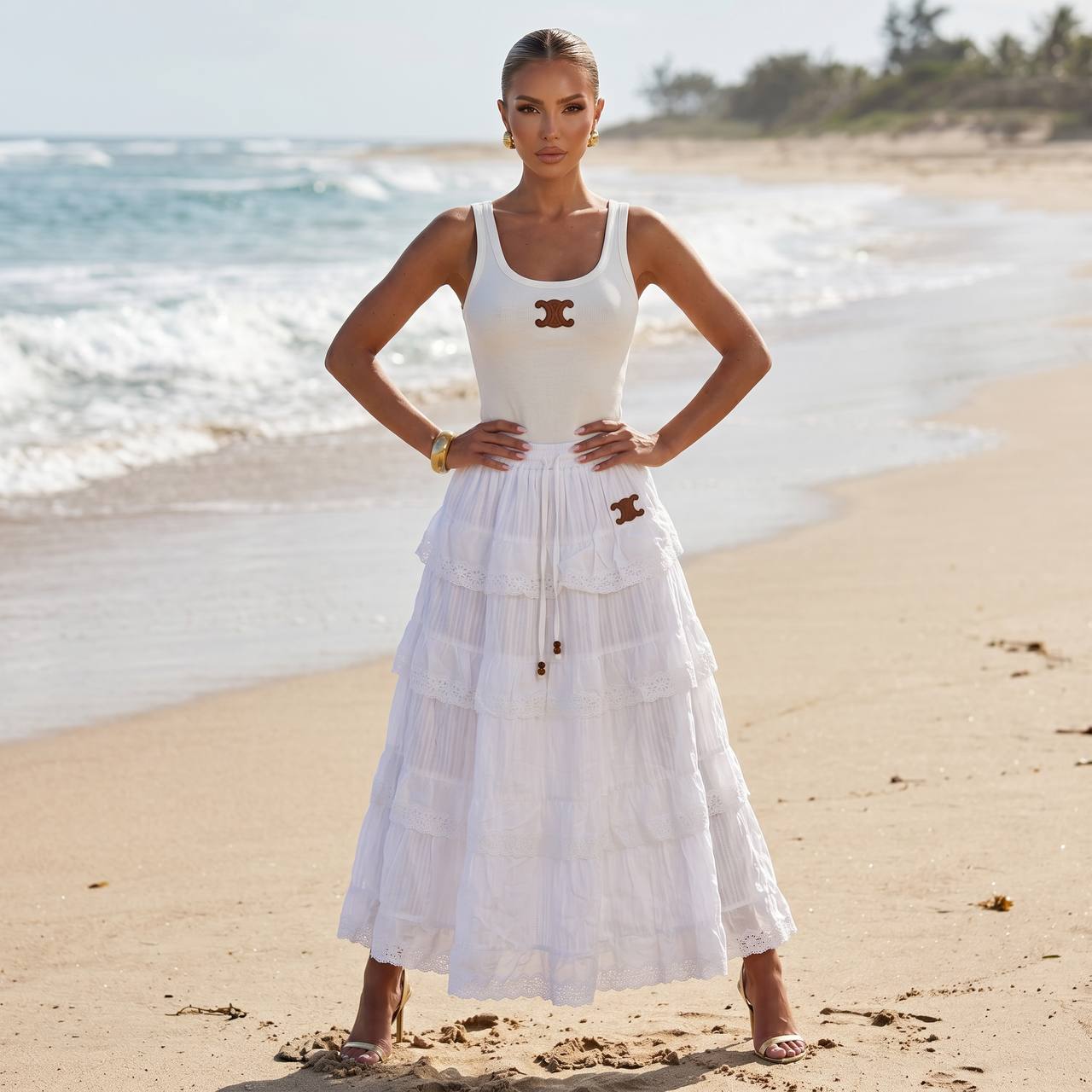 Celine White Tiered Lace Maxi Skirt 🤍