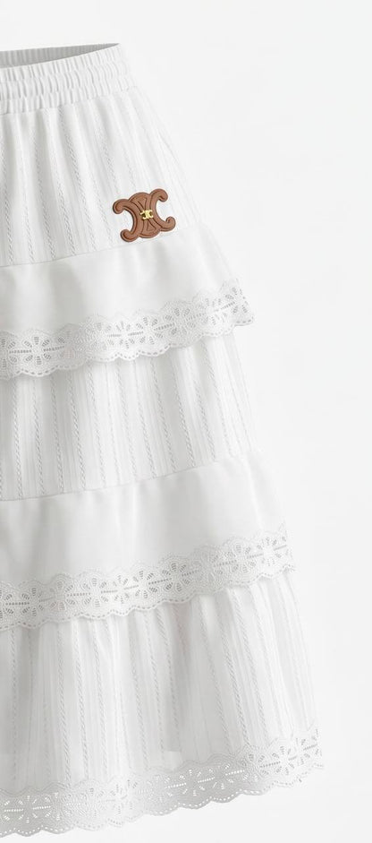 Celine White Tiered Lace Maxi Skirt 🤍