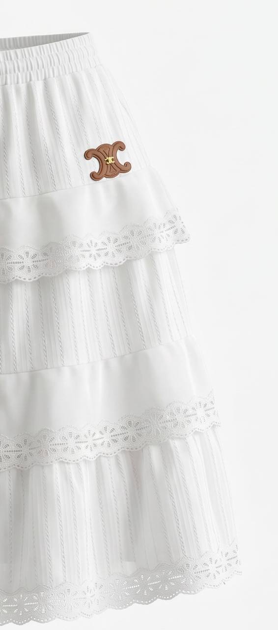 Celine White Tiered Lace Maxi Skirt 🤍