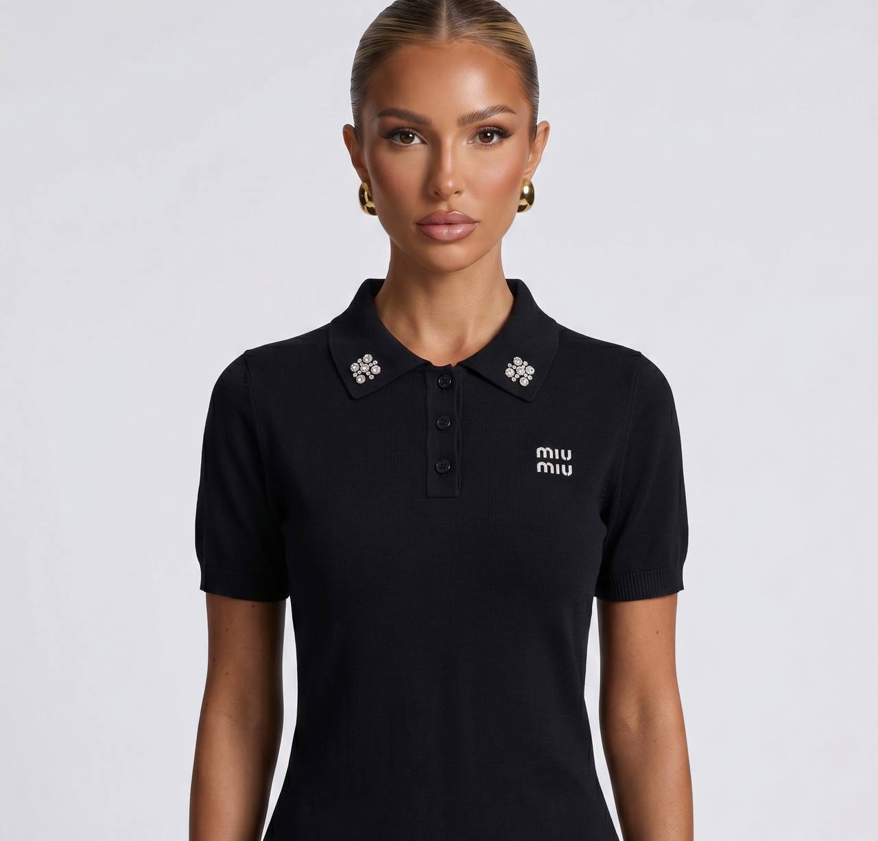 Miu Miu Black Crystal Logo Polo Shirt 🖤✨💎