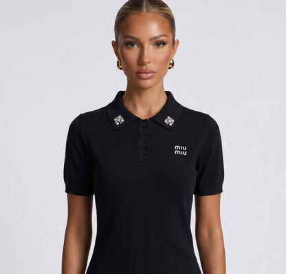 Miu Miu Black Crystal Logo Polo Shirt 🖤✨💎