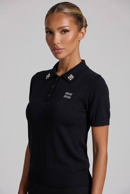 Miu Miu Black Crystal Logo Polo Shirt 🖤✨💎