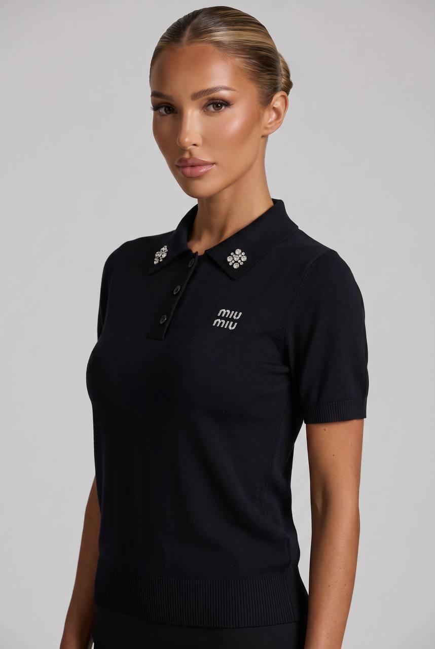 Miu Miu Black Crystal Logo Polo Shirt 🖤✨💎