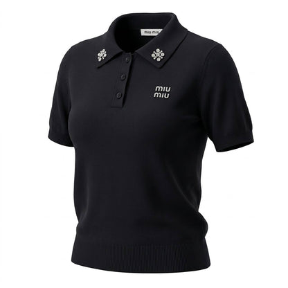 Miu Miu Black Crystal Logo Polo Shirt 🖤✨💎