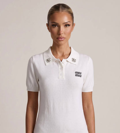Miu Miu White Crystal Logo Polo Shirt 🤍✨💎🌸