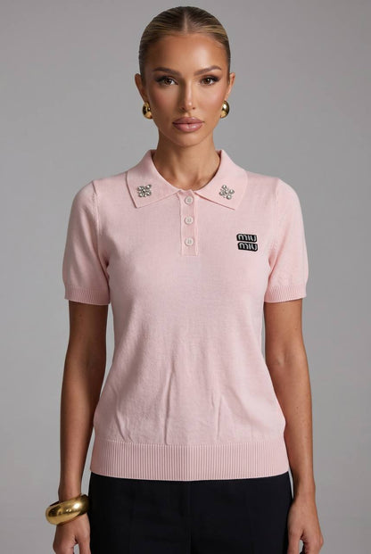 Miu Miu Pink Crystal Logo Polo Shirt 💗✨💎🌸