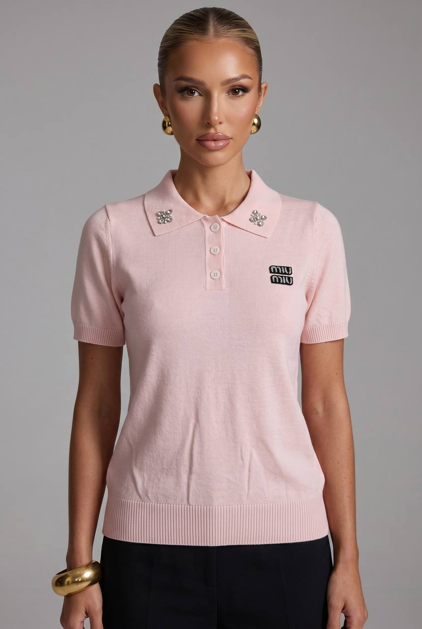Miu Miu Pink Crystal Logo Polo Shirt 💗✨💎🌸