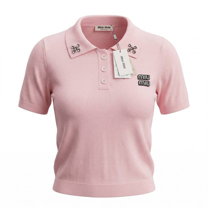 Miu Miu Pink Crystal Logo Polo Shirt 💗✨💎🌸