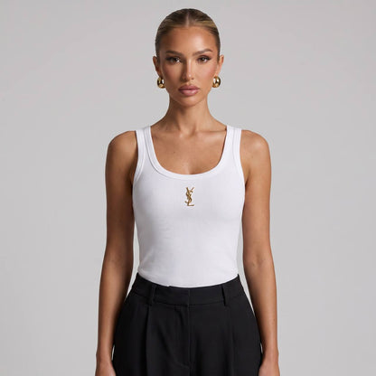 Saint Laurent White Ribbed Logo Tank Top 🤍✨