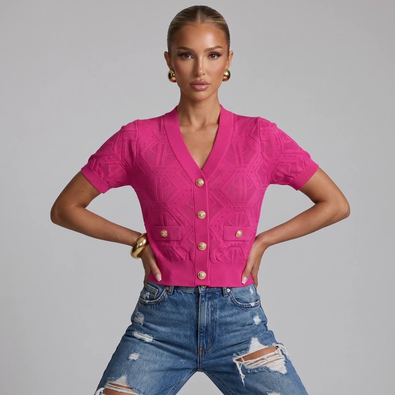 Balmain Pink Monogram Knit Short-Sleeve Cardigan 💗✨