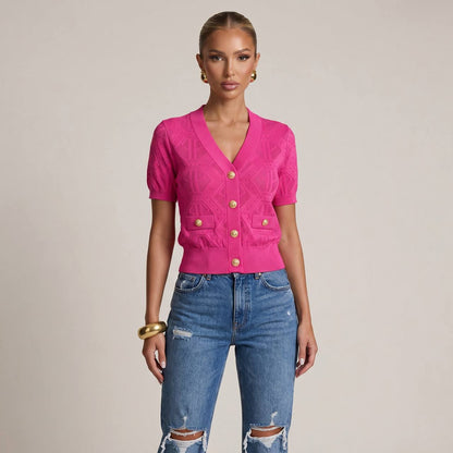 Balmain Pink Monogram Knit Short-Sleeve Cardigan 💗✨