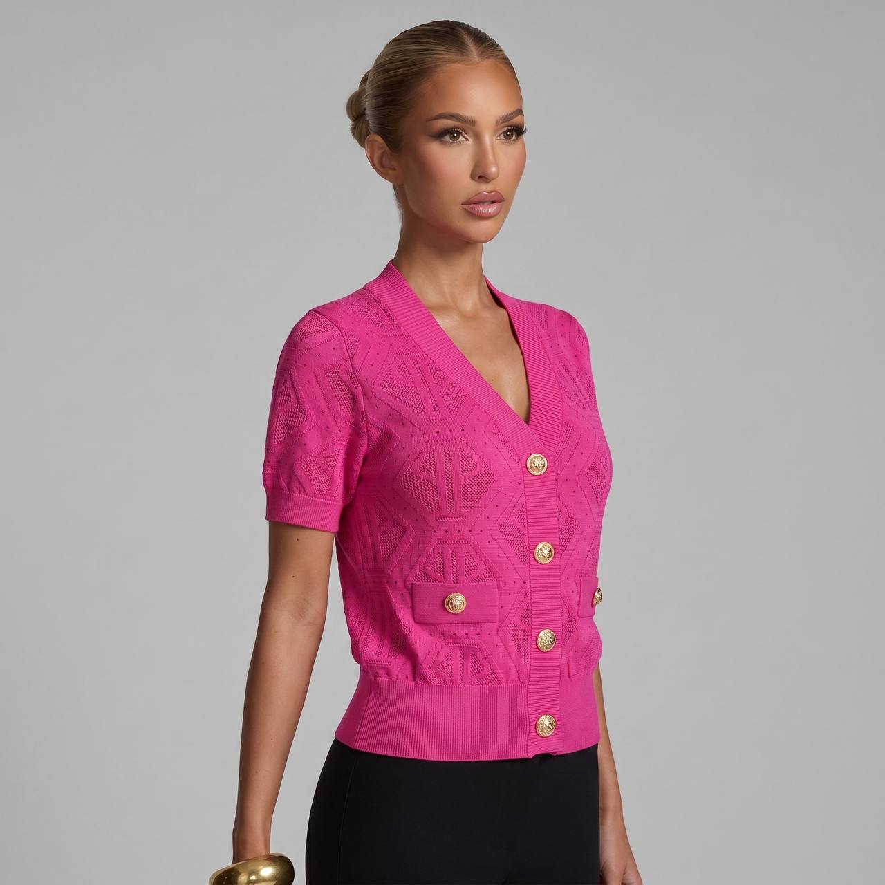 Balmain Pink Monogram Knit Short-Sleeve Cardigan 💗✨