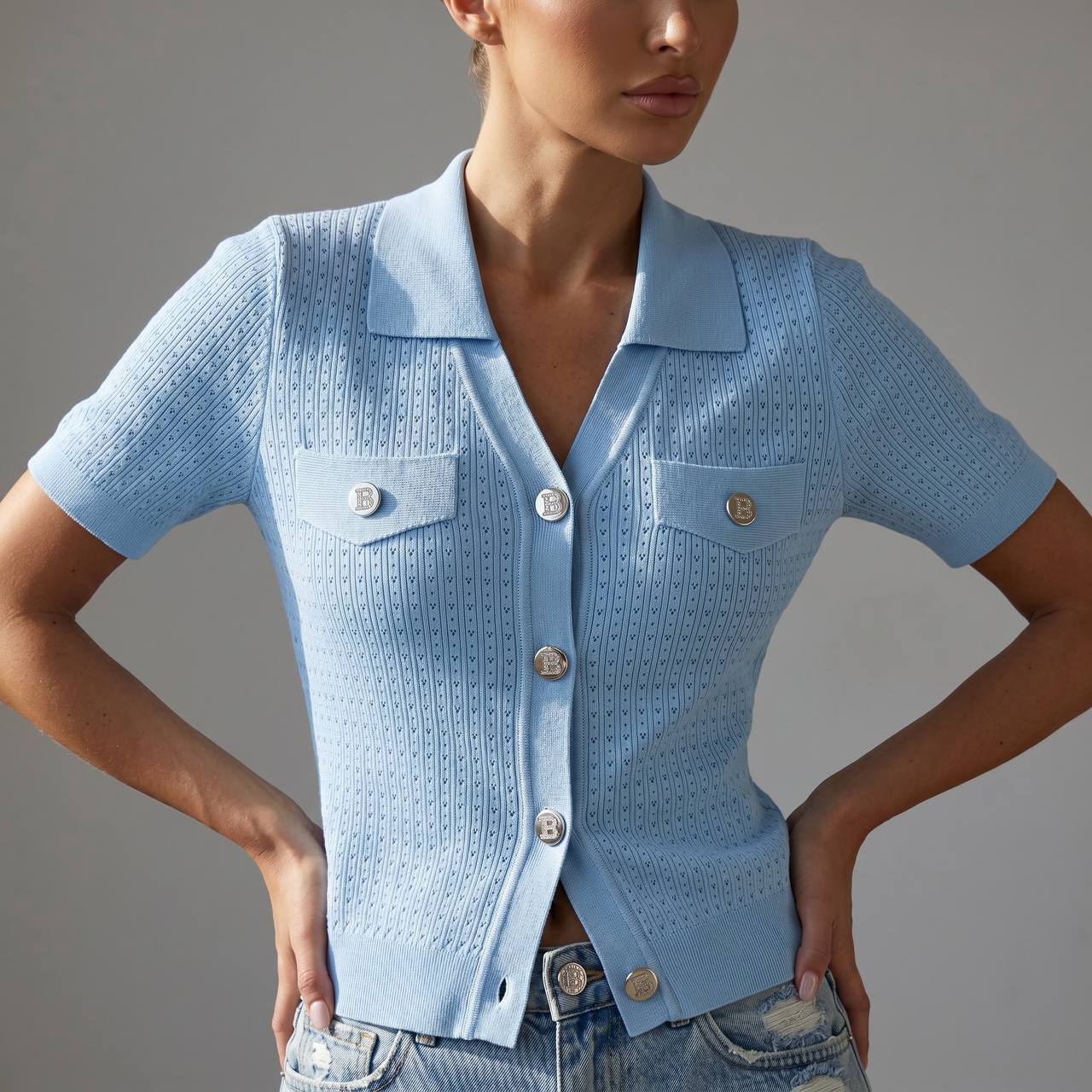 Balmain Baby Blue Knit Cardigan with Silver Logo Buttons 🩵✨