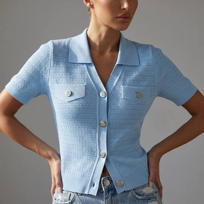 Balmain Baby Blue Knit Cardigan with Silver Logo Buttons 🩵✨