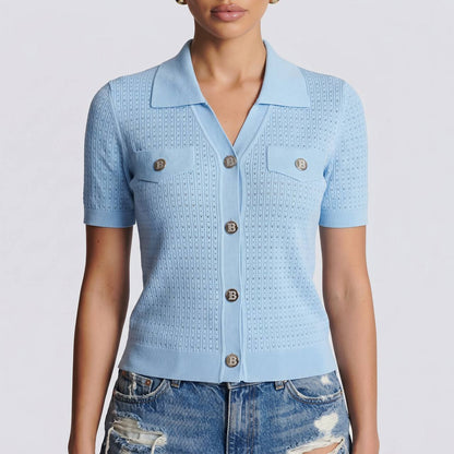Balmain Baby Blue Knit Cardigan with Silver Logo Buttons 🩵✨
