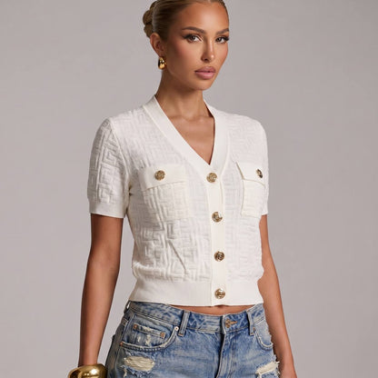 Balmain Ivory Monogram Knit Short-Sleeve Cardigan with Gold Buttons 🤍✨