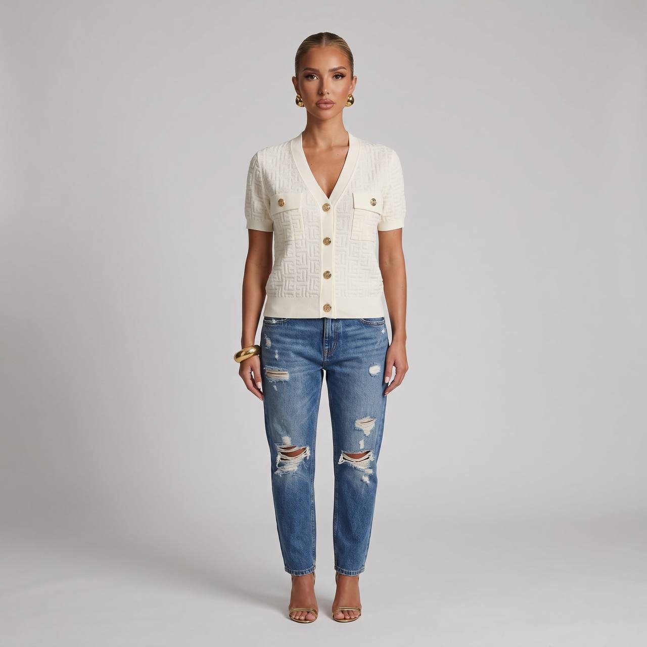 Balmain Ivory Monogram Knit Short-Sleeve Cardigan with Gold Buttons 🤍✨