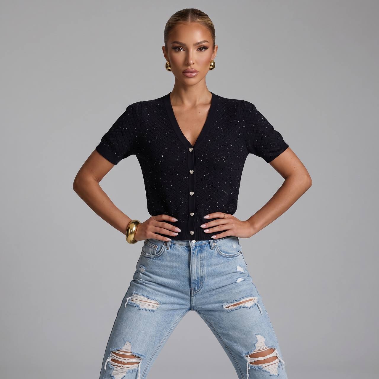 Loro Piana Black Sparkle Knit Short-Sleeve Cardigan 🖤✨
