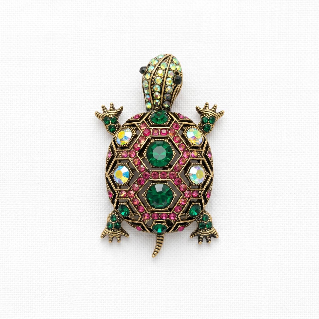 🐢💚 Emerald & Pink Crystal Turtle Statement Brooch ✨