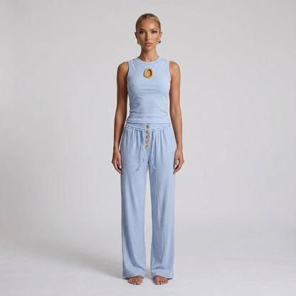 🩵✨ Schiaparelli Light Blue Gold-Detail Two-Piece Full Set