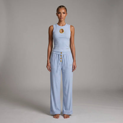 🩵✨ Schiaparelli Light Blue Gold-Detail Two-Piece Full Set