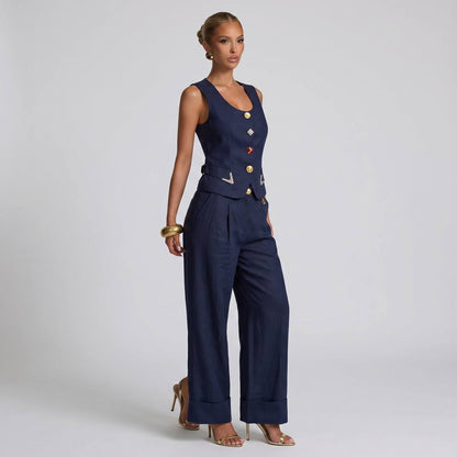 💙✨ Schiaparelli Navy Tailored Vest & Wide-Leg Pants Full Set