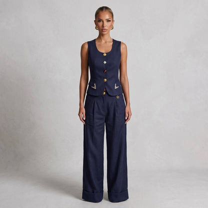 💙✨ Schiaparelli Navy Tailored Vest & Wide-Leg Pants Full Set
