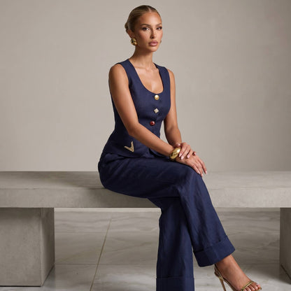 💙✨ Schiaparelli Navy Tailored Vest & Wide-Leg Pants Full Set