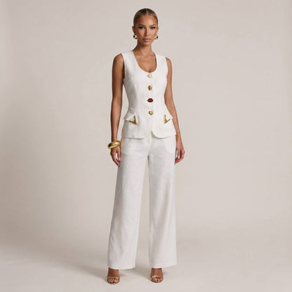 🤍✨ Schiaparelli White Tailored Vest & Wide-Leg Pants Full Set