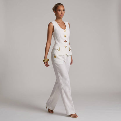 🤍✨ Schiaparelli White Tailored Vest & Wide-Leg Pants Full Set