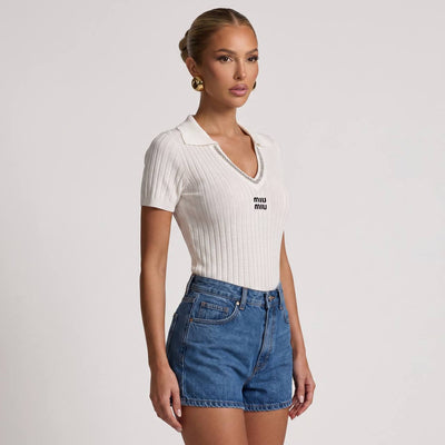 🤍 Miu Miu Ribbed Crystal-Trim Polo Top ✨