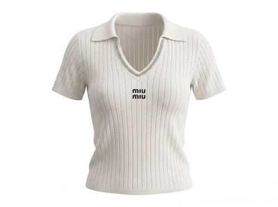 🤍 Miu Miu Ribbed Crystal-Trim Polo Top ✨