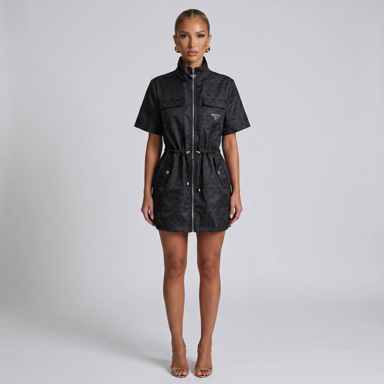 🖤 Prada-Style Black Monogram Utility Shirt Dress ✨