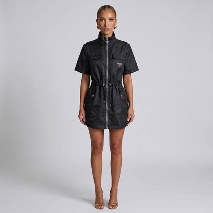 🖤 Prada-Style Black Monogram Utility Shirt Dress ✨