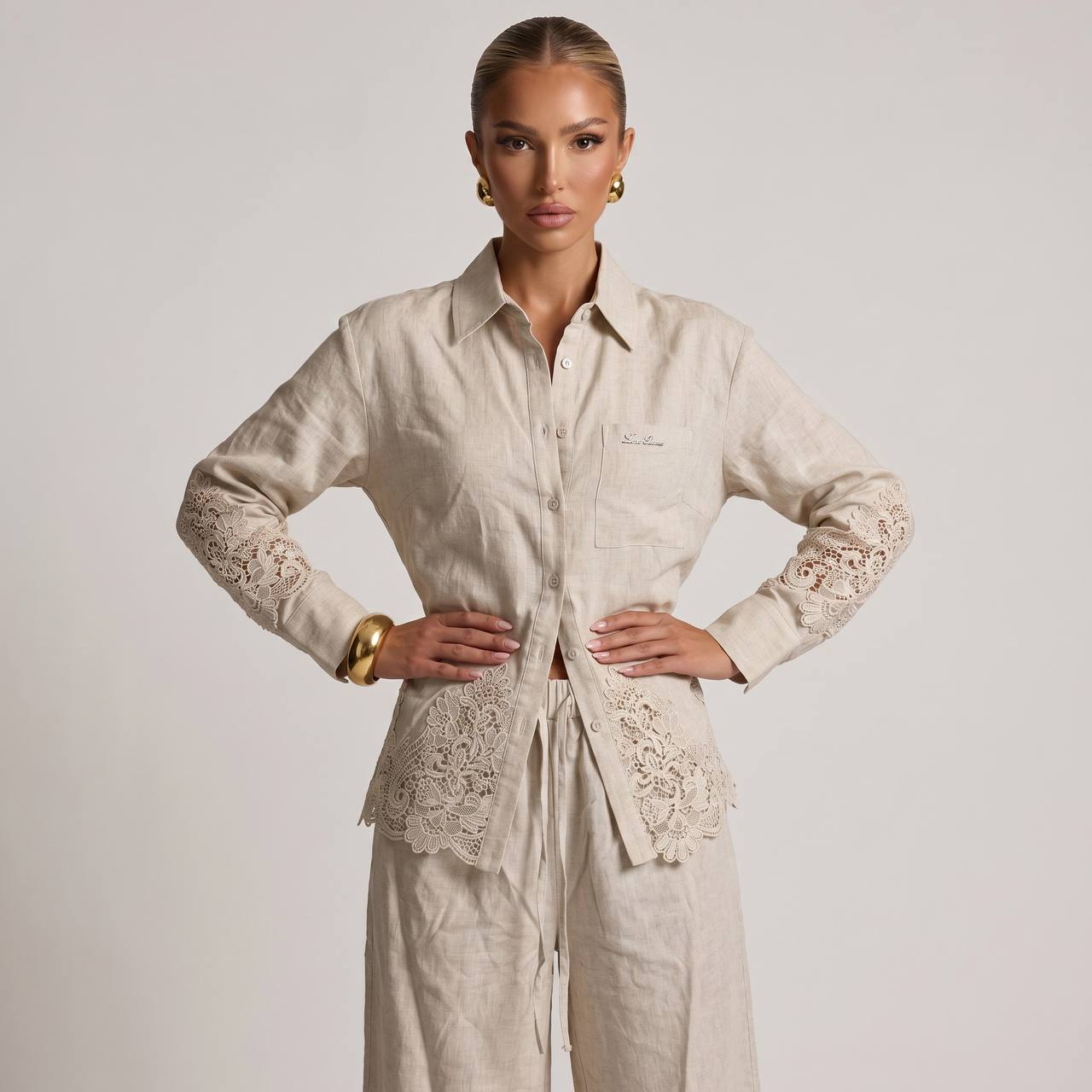 🤍 Loro Piana Beige Linen Lace Full Set – Shirt & Wide-Leg Pants ✨