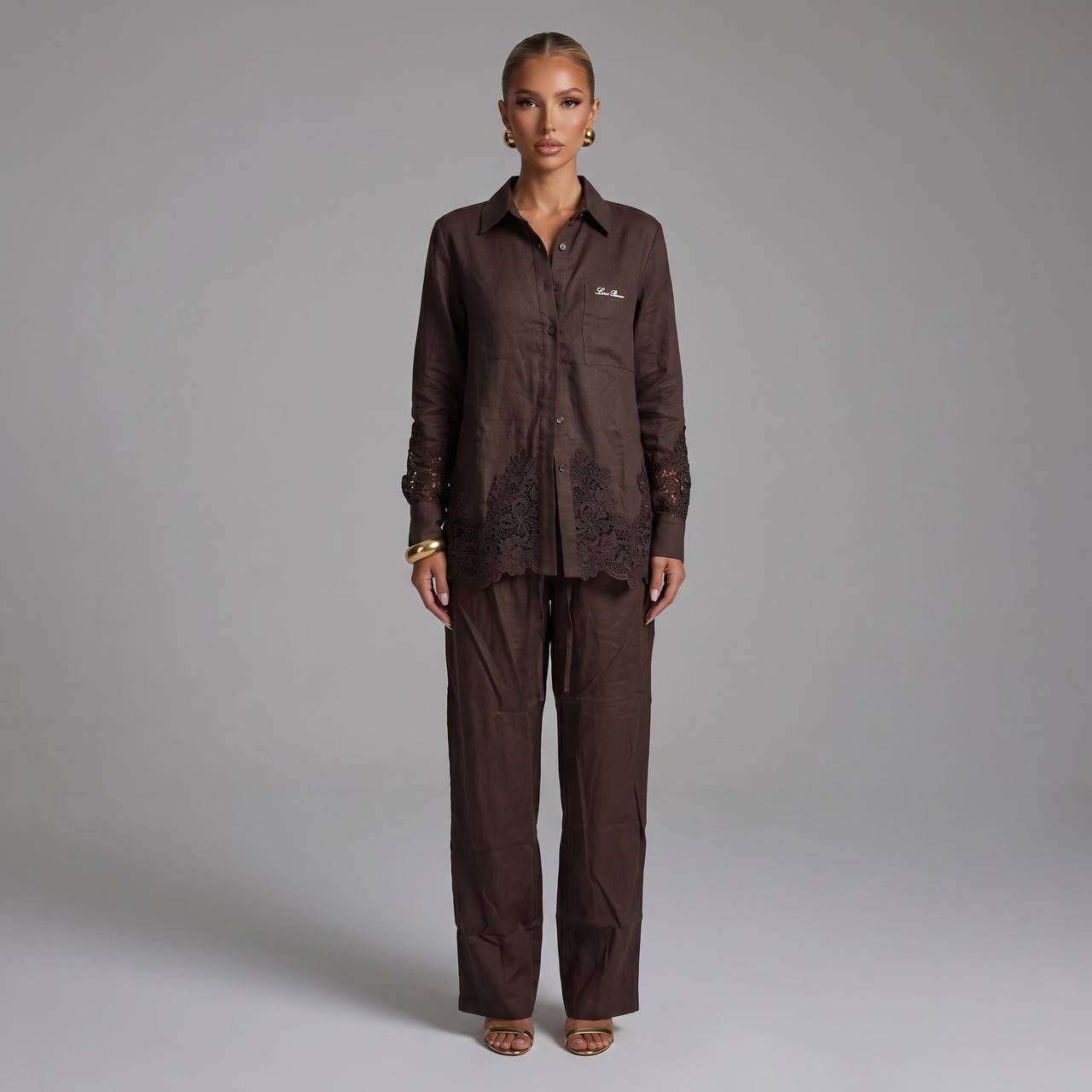 🤎 Loro Piana Chocolate Brown Linen Lace Full Set – Shirt & Pants ✨