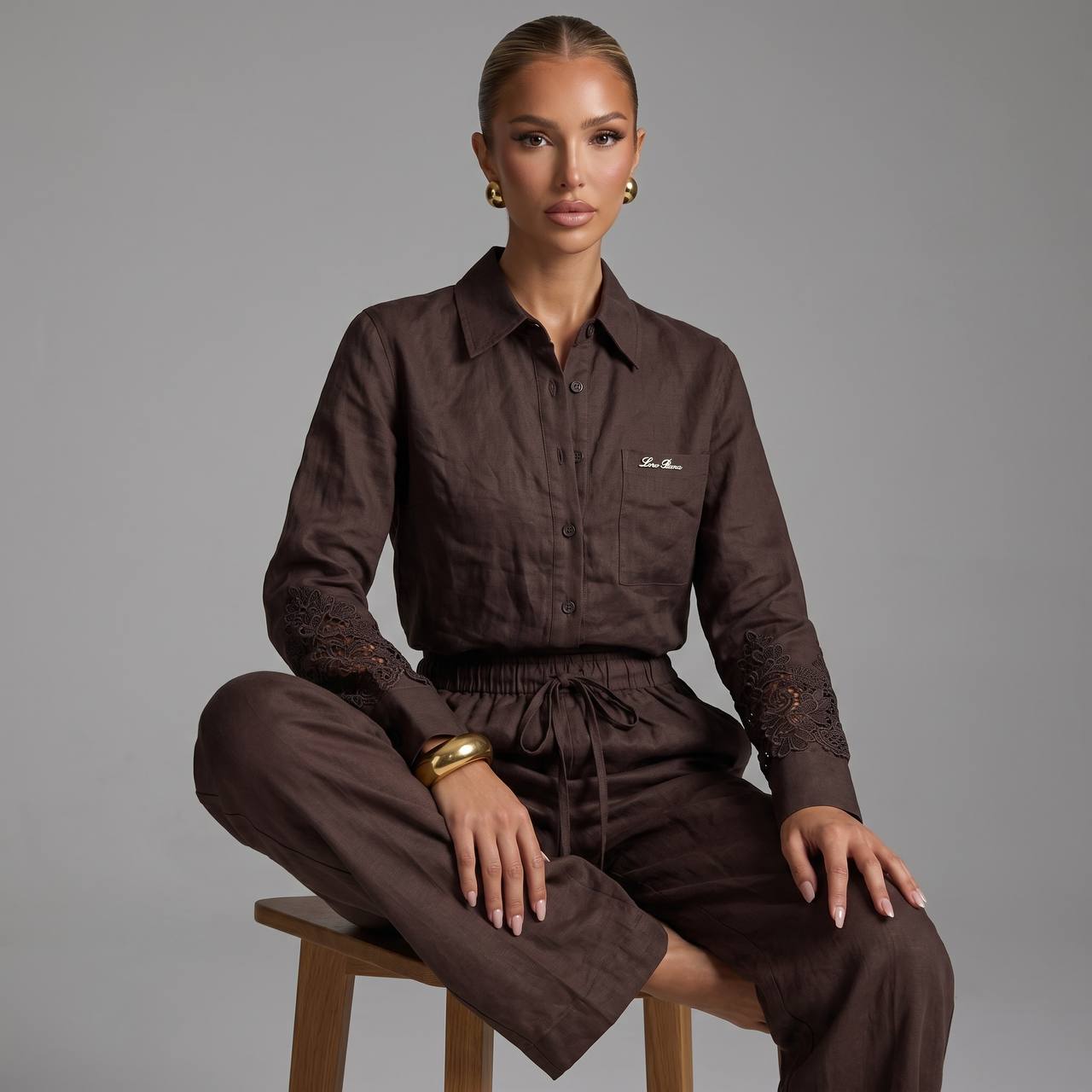 🤎 Loro Piana Chocolate Brown Linen Lace Full Set – Shirt & Pants ✨
