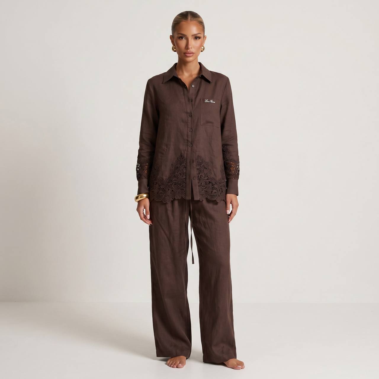 🤎 Loro Piana Chocolate Brown Linen Lace Full Set – Shirt & Pants ✨
