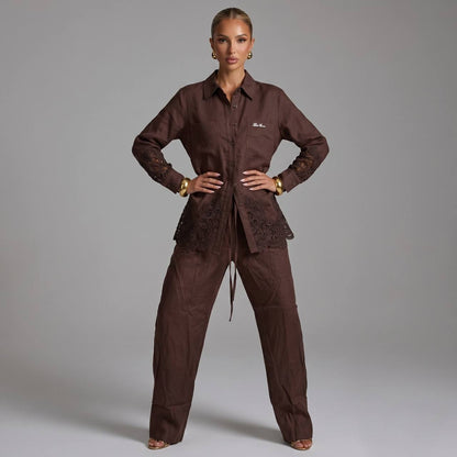 🤎 Loro Piana Chocolate Brown Linen Lace Full Set – Shirt & Pants ✨