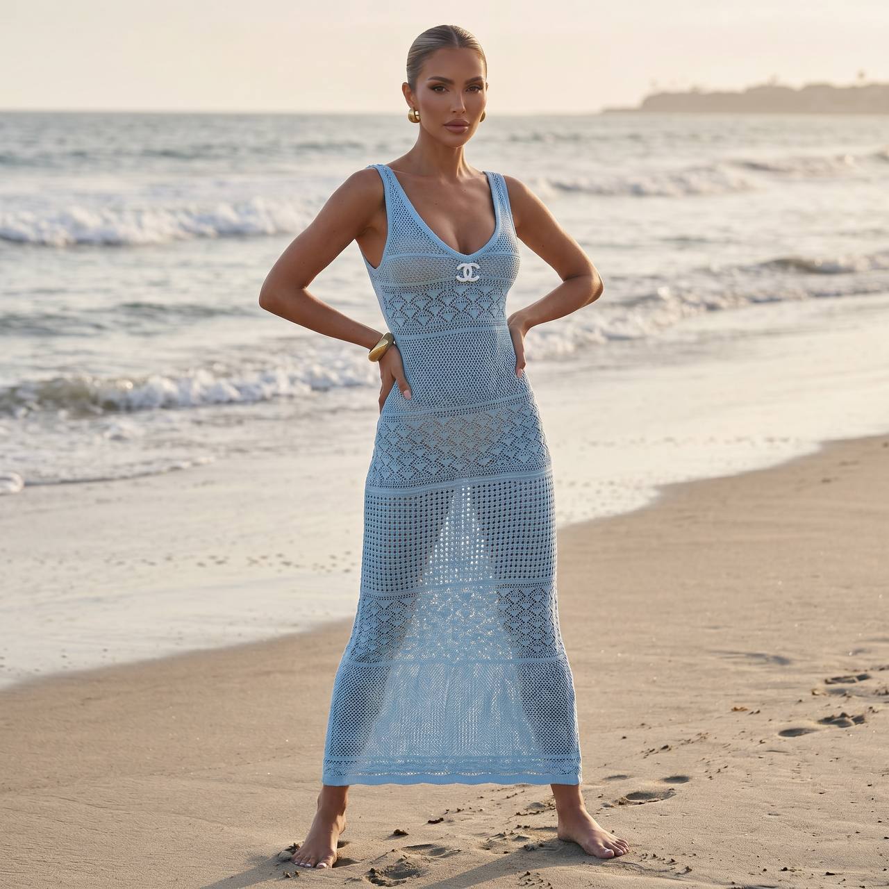 🩵 Chanel Light Blue Crochet Maxi Dress – Luxury Beach Cover-Up ✨