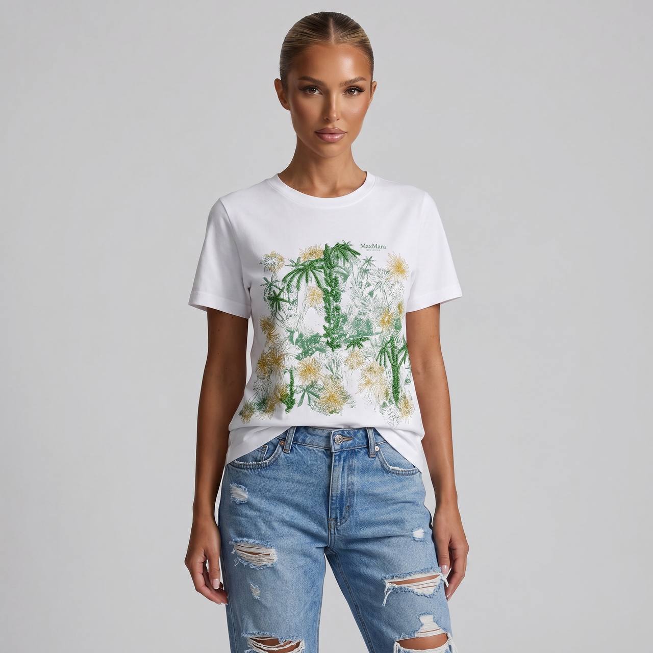 🤍 Max Mara White Botanical Graphic T-Shirt – Green & Gold Floral Tee 🌿✨