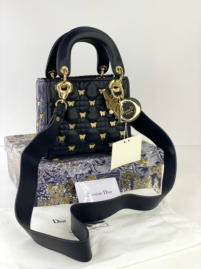 Dior Lady Dior Mini Bag with Gold Butterfly Studs