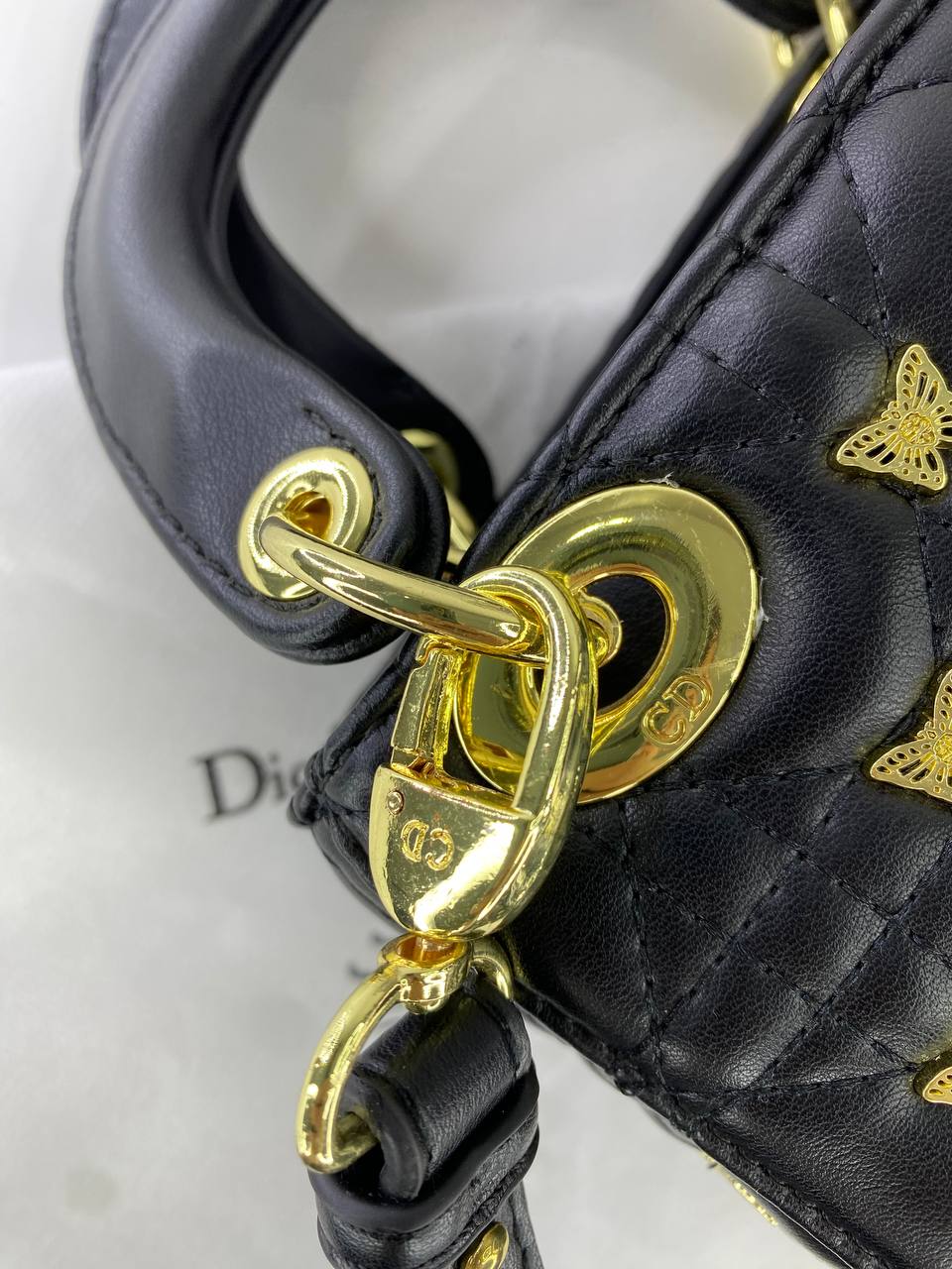 Dior Lady Dior Mini Bag with Gold Butterfly Studs