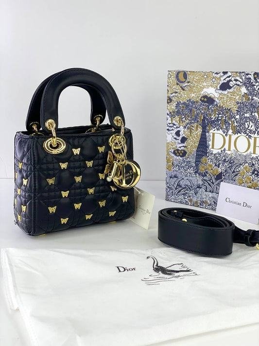 Dior Lady Dior Mini Bag with Gold Butterfly Studs