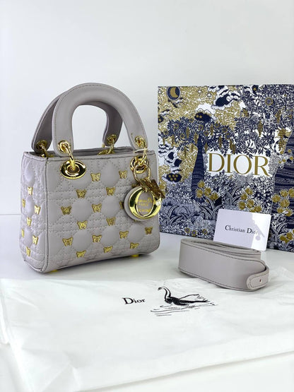 Dior Lady Dior Mini Bag with Gold Butterfly Studs